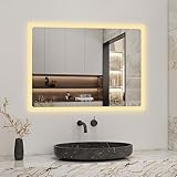 Biubiubath 70x50cm LED Badspiegel mit Bluetooth und Uhr,Badspiegel mit...
