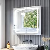 SONNI LED Spiegelschrank 70x65 cm Edelstahl Badezimmer, Bad mit Beleuchtung und Steckdose mit...