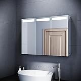 SUNXURY Spiegelschrank Bad mit Beleuchtung 90x65cm 3 Türen LED Badzimmerschrank mit Kippschalter...